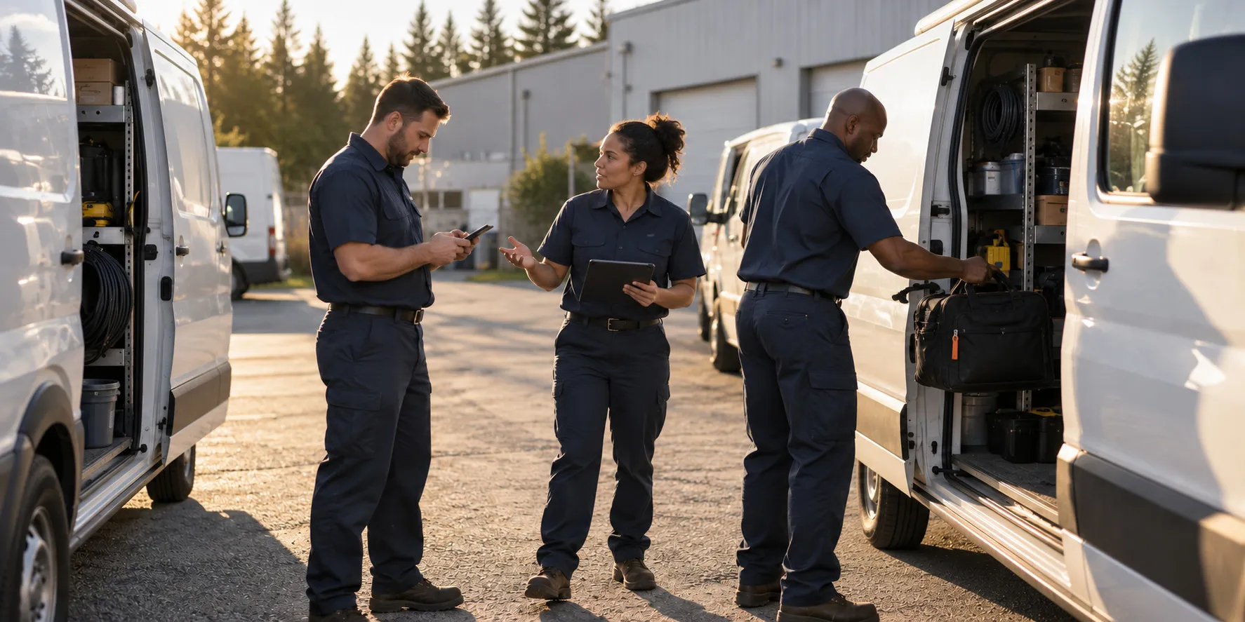 Three technicians get ready for the day beside their work vans in the morning sun