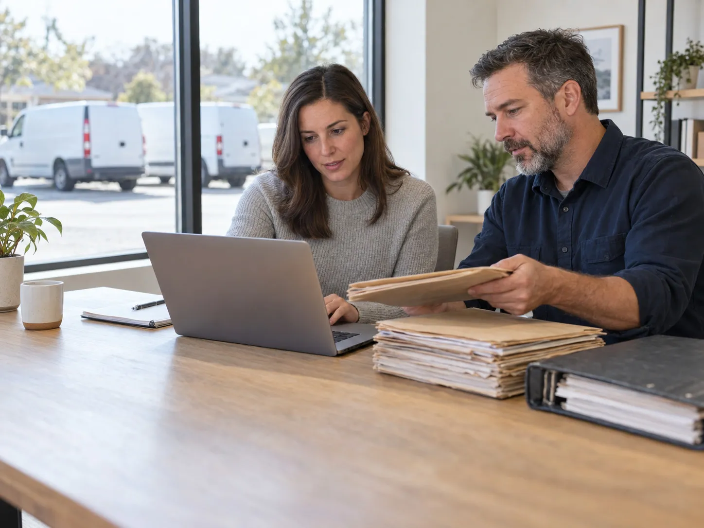 A WorkflowPros specialist takes a contractor's paper job files into the new system on a laptop