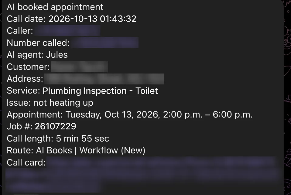 The AI’s booking summary: call date October 13, 2026 at 1:43 AM, AI agent Jules, Plumbing Inspection – Toilet, appointment Tuesday, October 13 from 2:00 to 6:00 PM, job #26107229, call length 5 min 55 sec