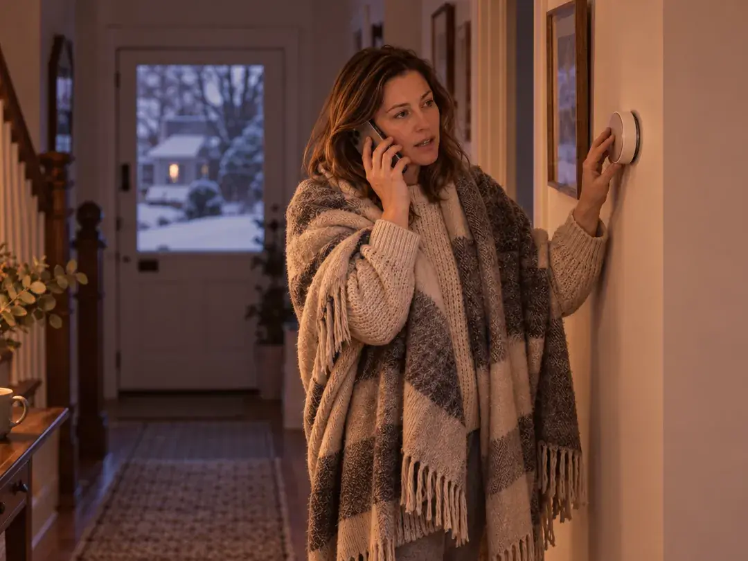 A woman calls about her furnace while adjusting the thermostat