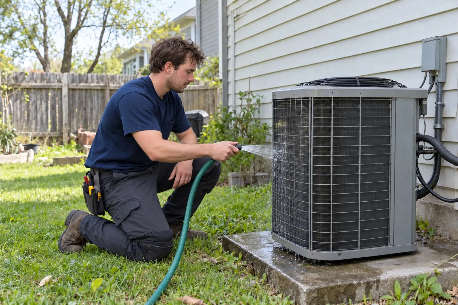 A tech rinses an outdoor AC unit during a tune-up in a backyard