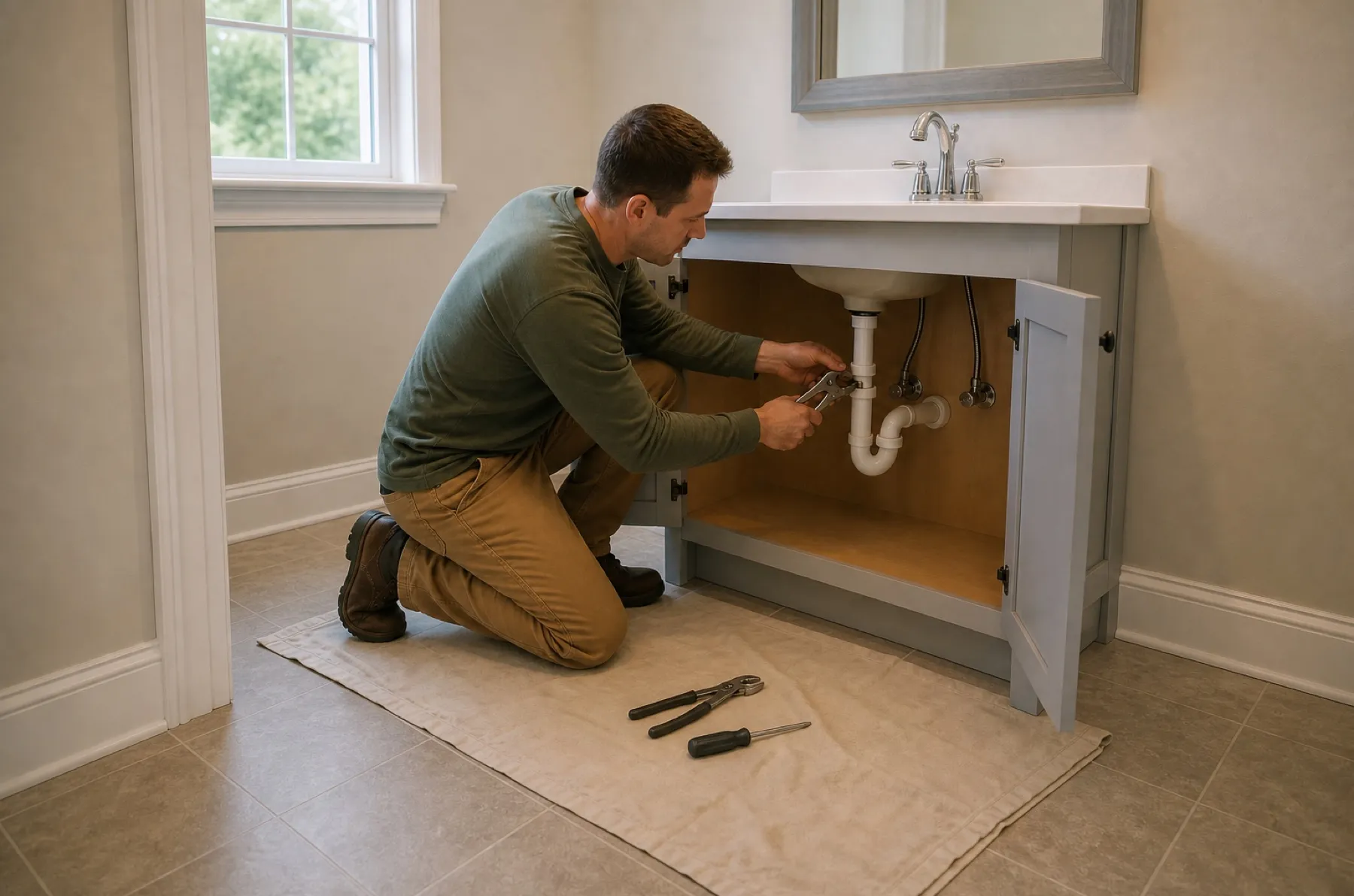 A plumber continuing a customer's sink repair while the office handles the software move