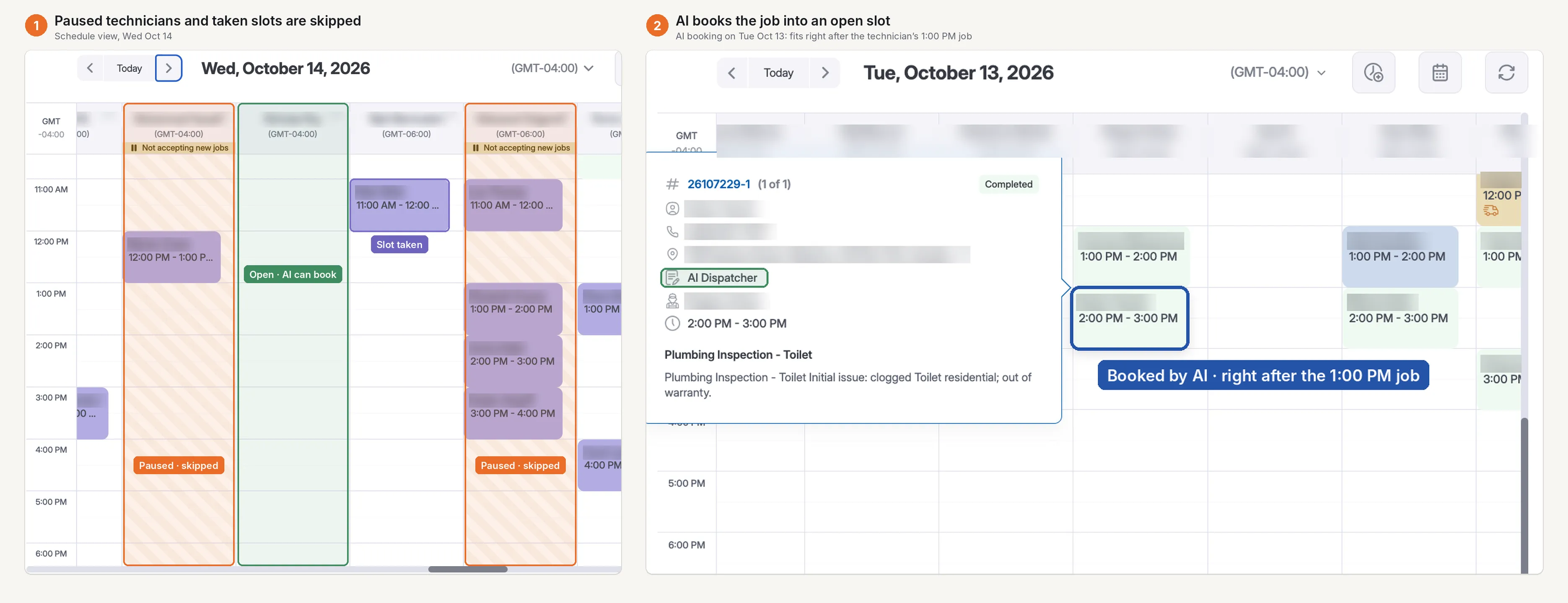 Two WorkflowPros schedule views, numbered. 1, Wednesday, October 14: two paused technicians’ columns marked Not accepting new jobs and Paused · skipped, a taken slot, and an open column marked Open · AI can book. 2, Tuesday, October 13: job 26107229-1 booked by AI Dispatcher from 2:00 to 3:00 PM, marked Booked by AI · right after the 1:00 PM job