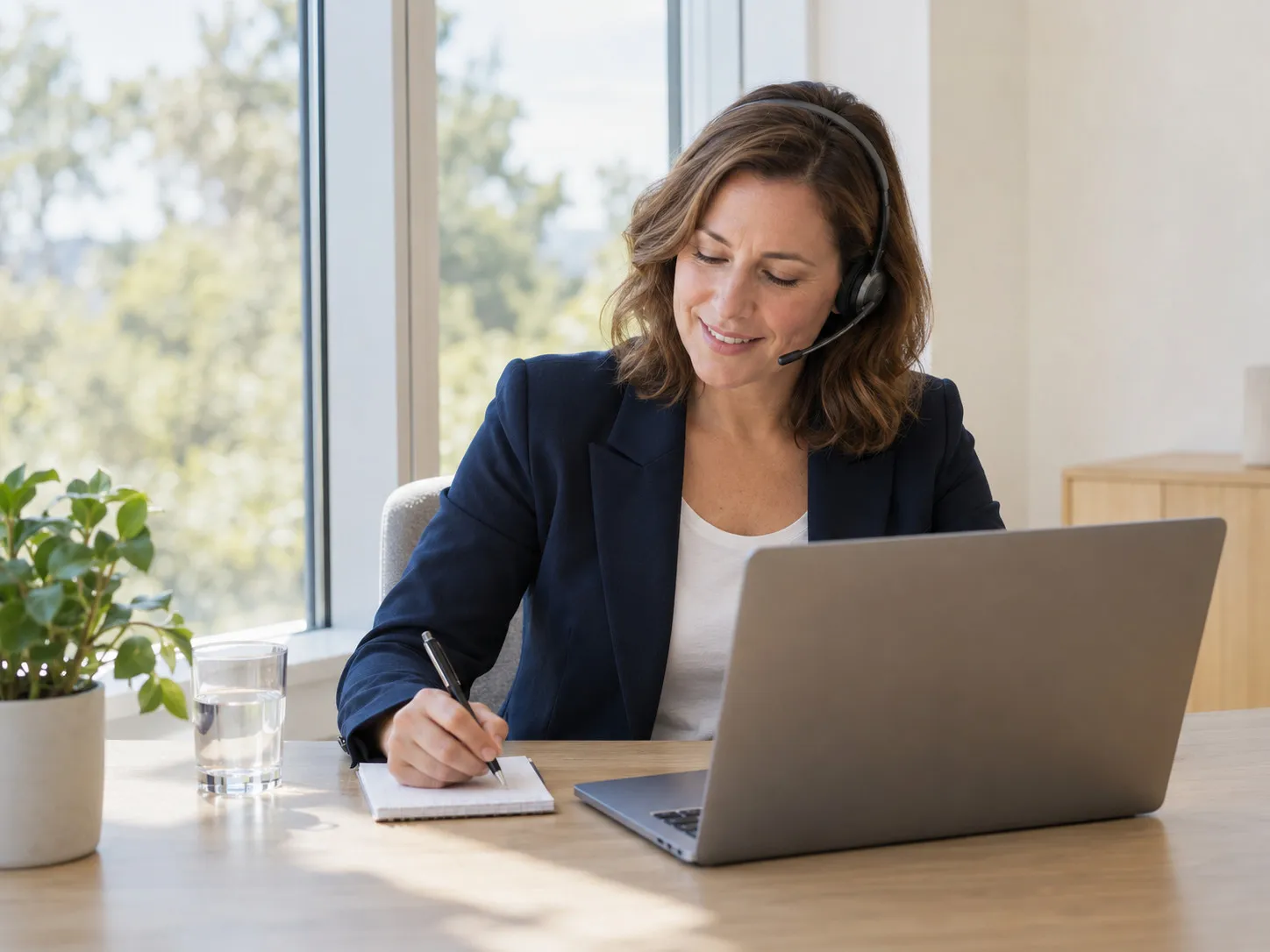 A WorkflowPros advisor with a headset takes notes during a call