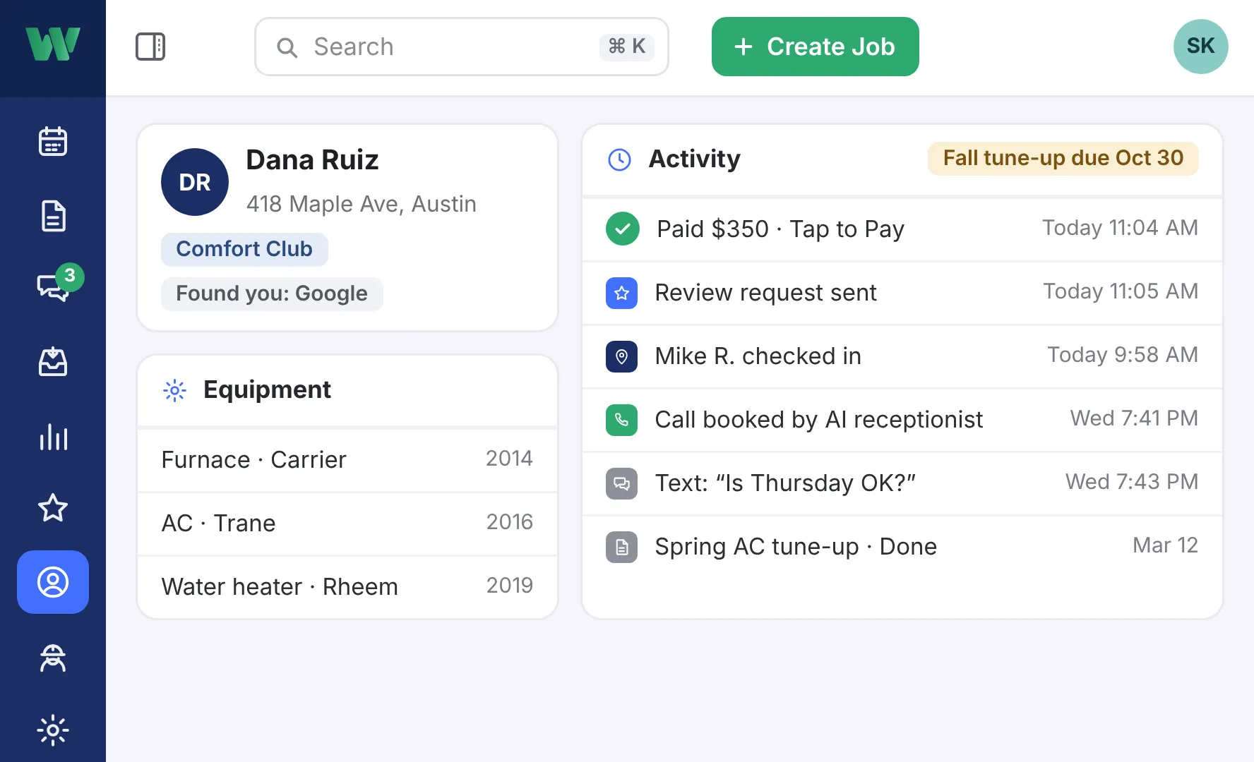 Dana Ruiz’s customer record: her address, her membership, her equipment, and every payment, visit, call and text, newest first.