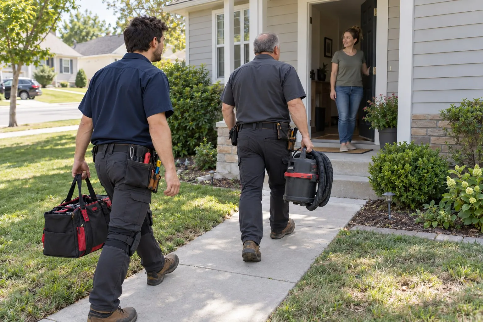 Two techs carry their bags up the walk to a customer waiting at her front door