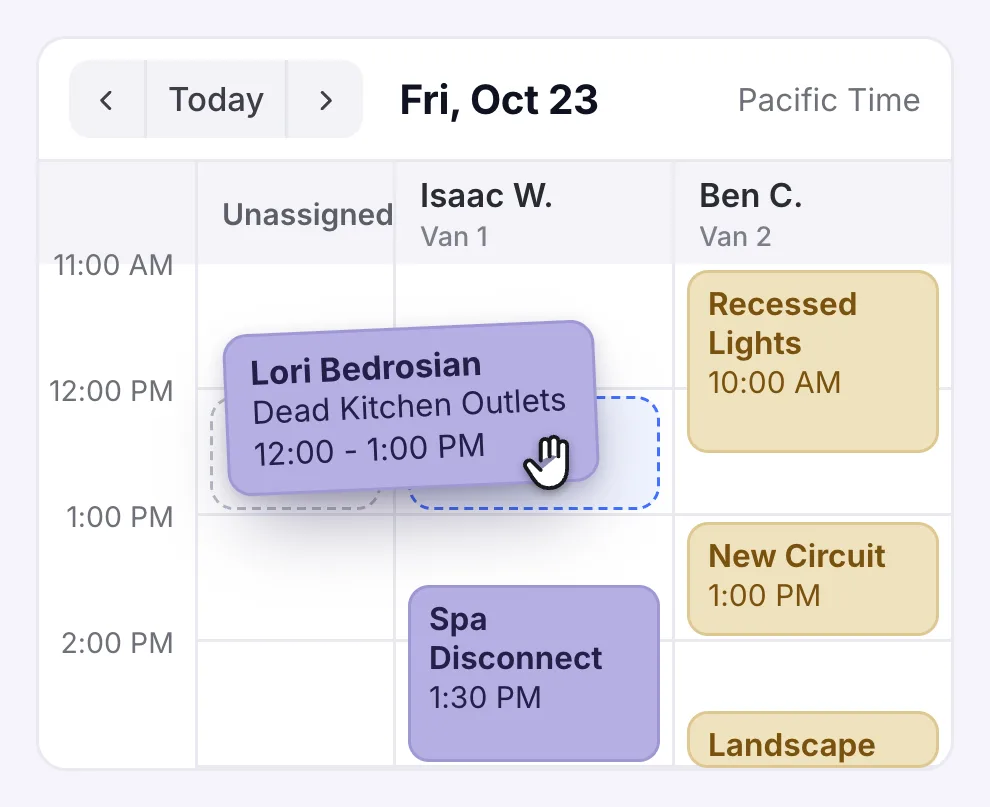 Friday’s board in Pacific Time: Lori Bedrosian’s dead kitchen outlets move out of Unassigned and into Isaac’s open hour at noon, while Ben’s recessed lighting job runs until 12:30.