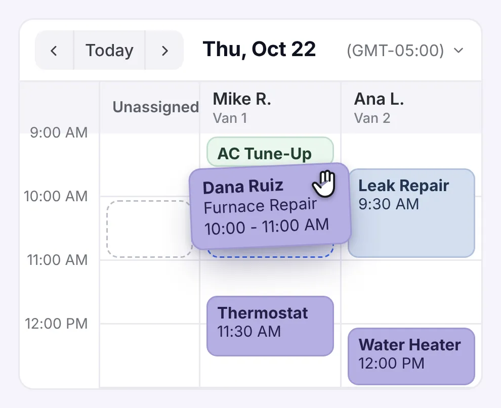 The dispatcher dragging Dana Ruiz’s furnace repair into Mike’s 10 AM slot on the board.