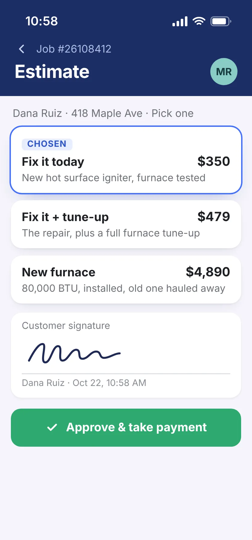 An estimate on the tech’s phone for Dana Ruiz’s furnace: fix it today for $350, the repair plus a tune-up for $479, or a new furnace for $4,890; the repair chosen and signed, with Approve & take payment.