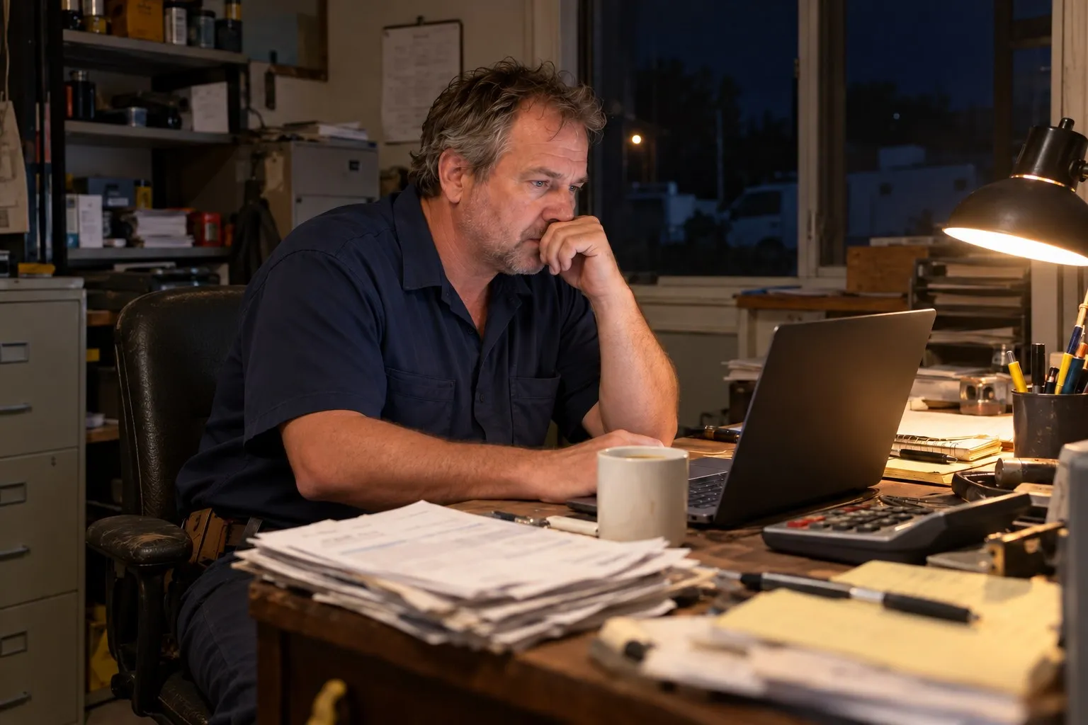 A shop owner goes over the numbers at his desk in the evening