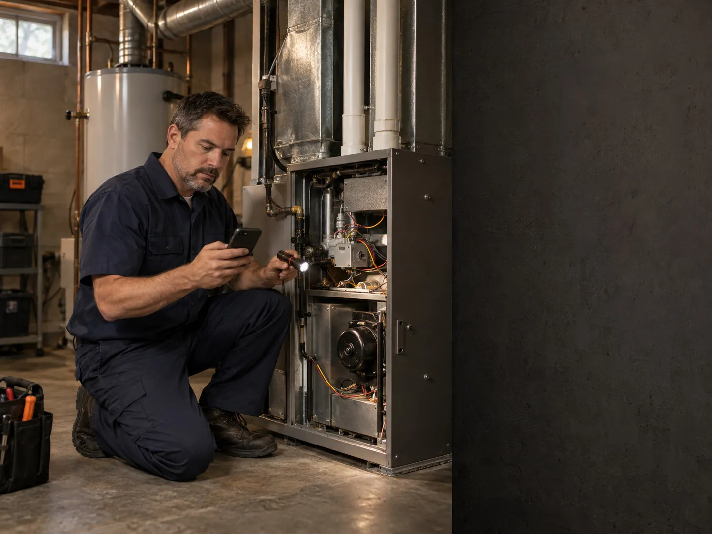 A technician checks his job checklist on his phone beside a furnace in a basement