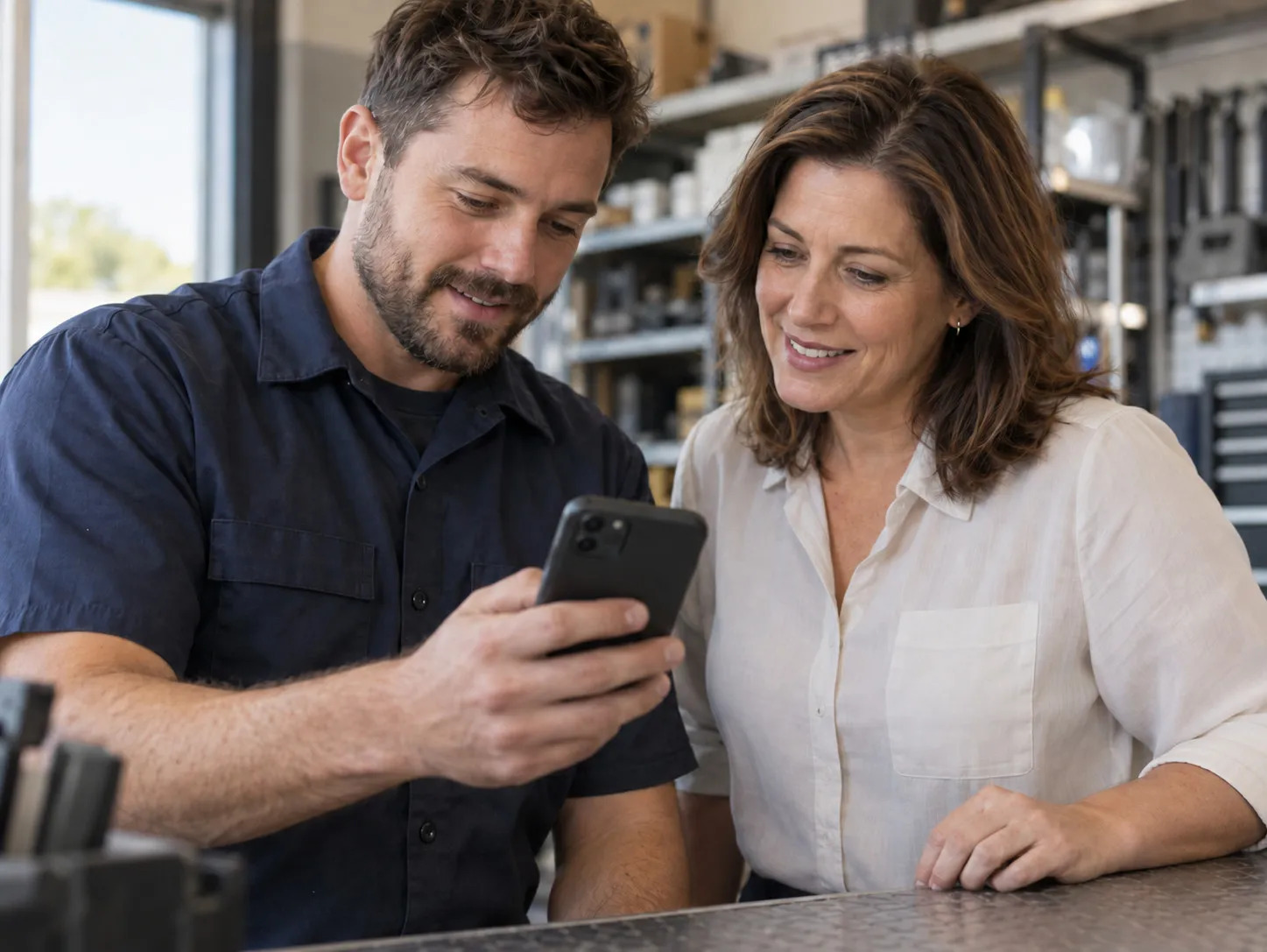 A technician shows the office manager a job on his phone