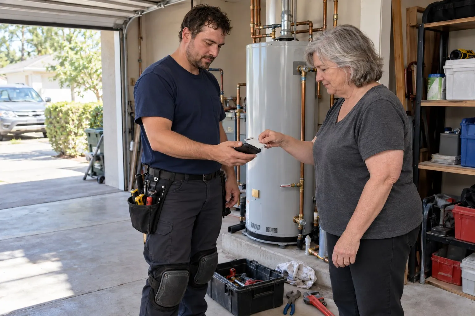 A homeowner pays a tech by card on his phone in her garage, next to the water heater