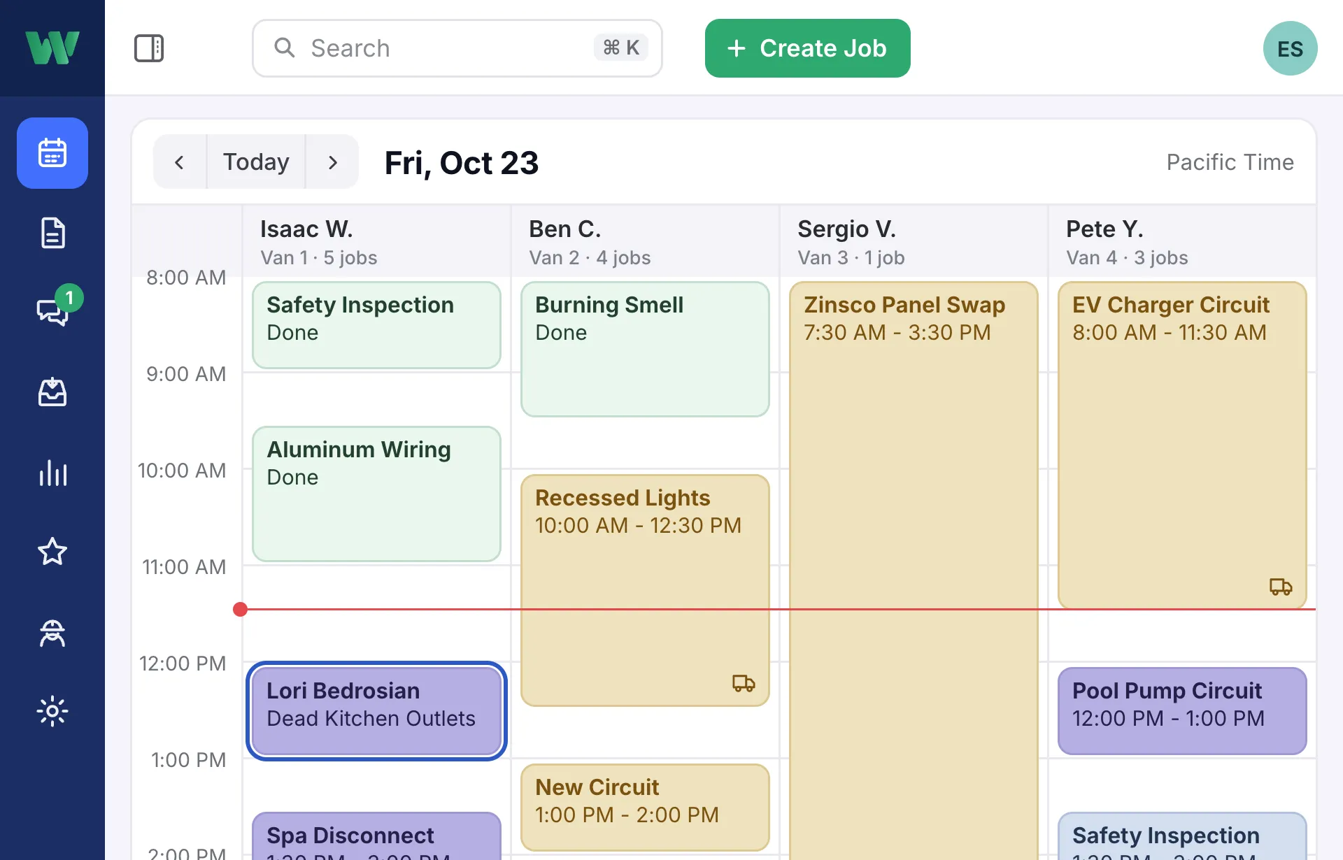 Friday, October 23, on the office board: Isaac, Ben, Sergio, and Pete on Vans 1 to 4. Sergio has a Zinsco panel swap from 7:30 to 3:30, Pete an EV charger circuit until 11:30, and Lori Bedrosian’s call about her dead kitchen outlets just went into Isaac’s noon.