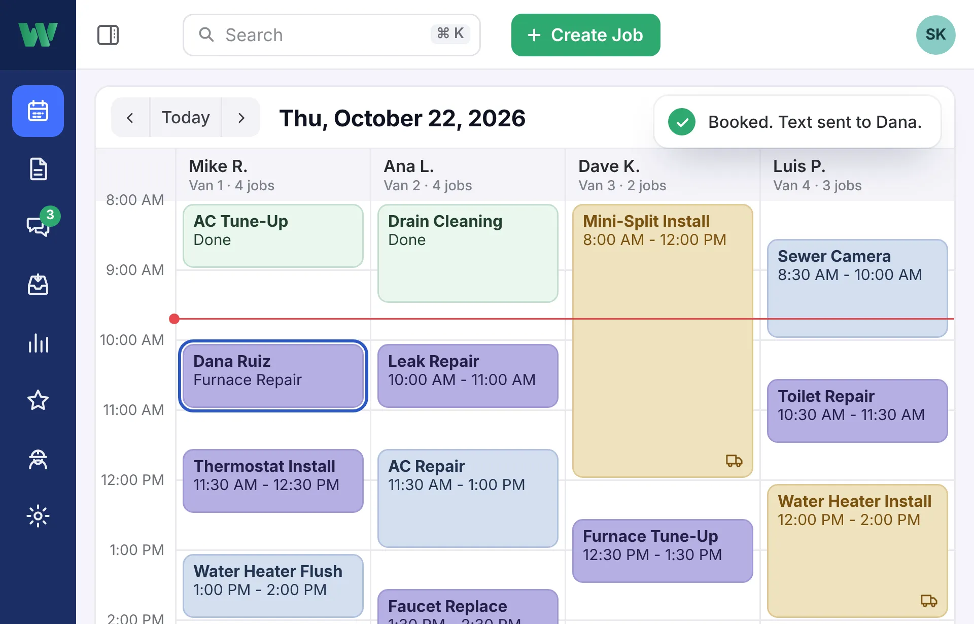 WorkflowPros dispatch board: four techs’ Thursday, each column full, with a new furnace repair just booked into Mike’s 10 AM slot.