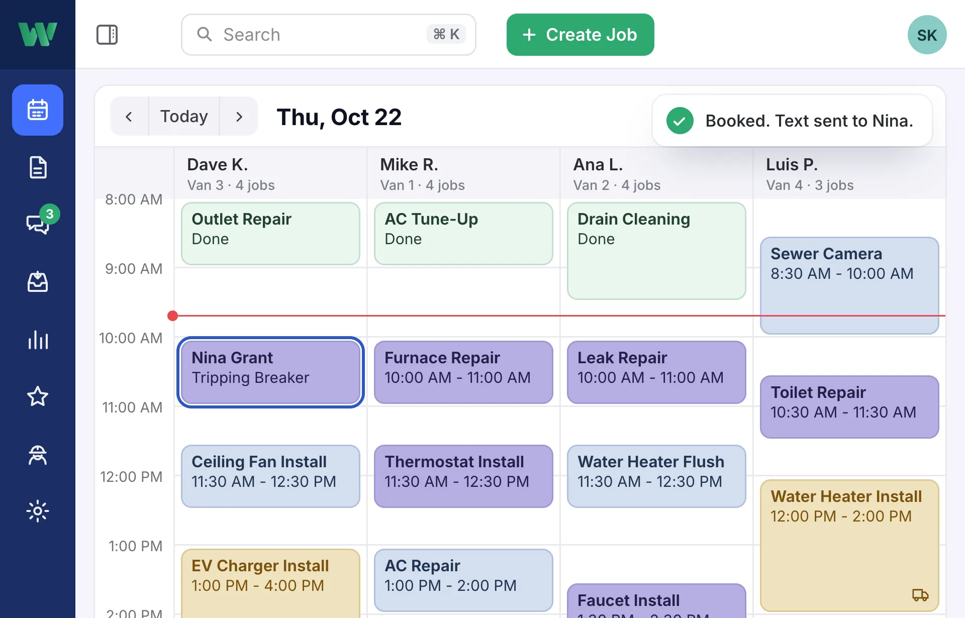 WorkflowPros on the office computer: Thursday’s schedule for Dave the electrician, an HVAC tech and two plumbers. A tripping-breaker call just got booked into Dave’s open 10 AM, and the customer, Nina, got a text.