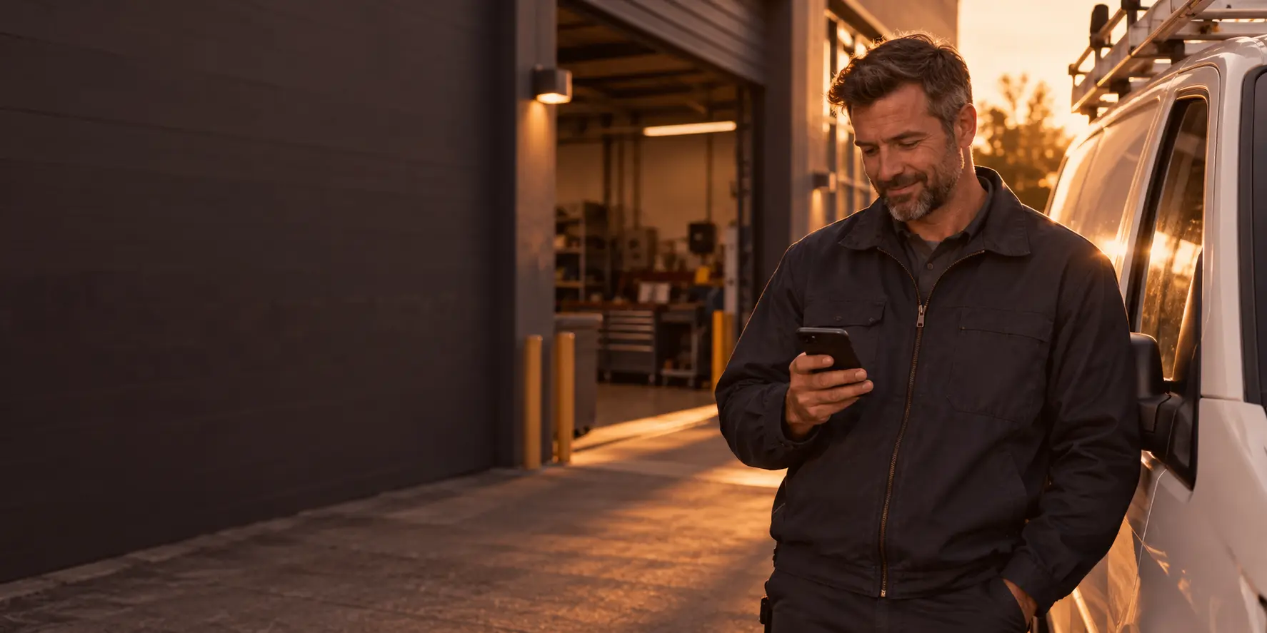The owner of a service company smiles at his phone, leaning on his van in front of his shop