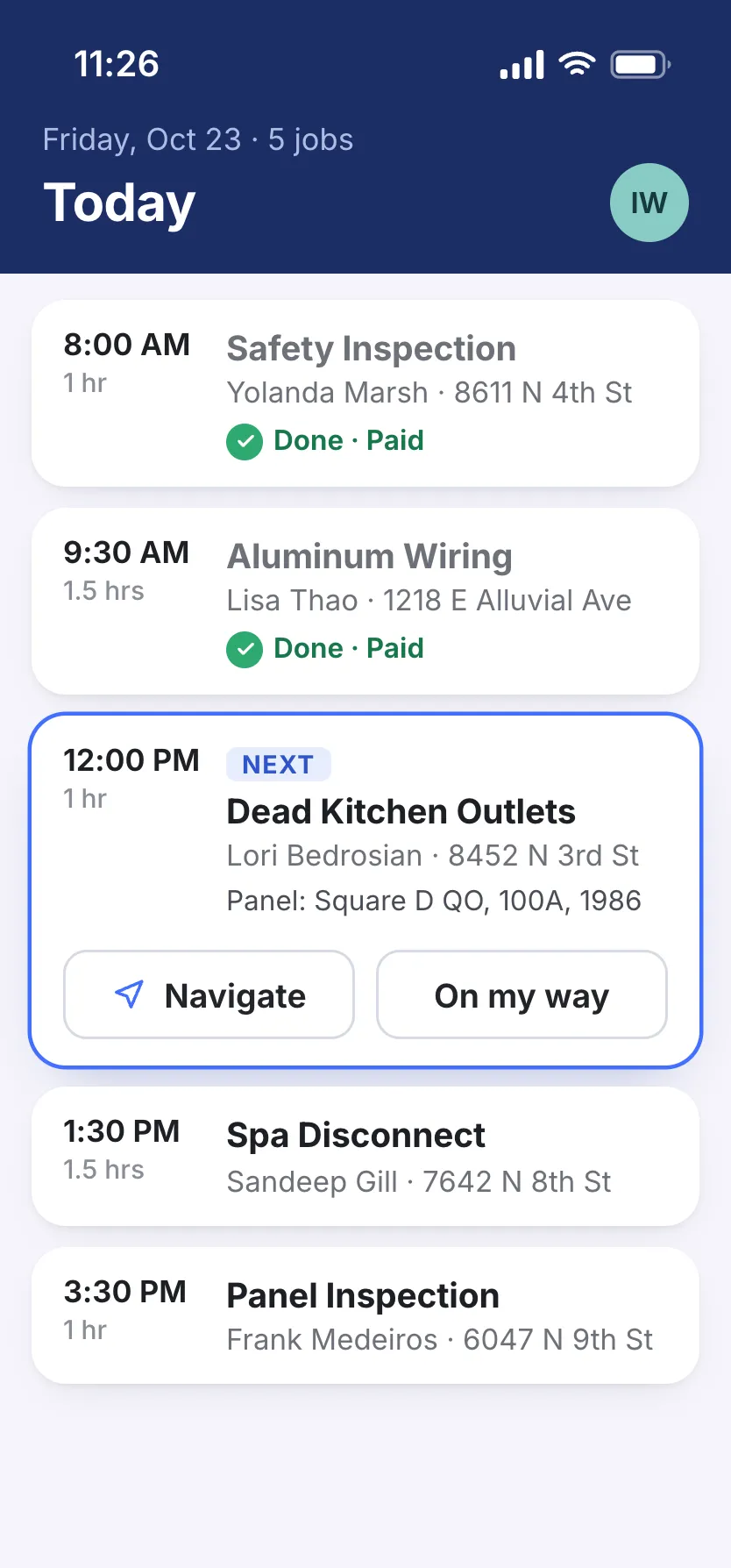 Isaac’s phone at 11:26: his safety inspection at Yolanda Marsh’s and his aluminum wiring job at Lisa Thao’s are done and paid, and Lori Bedrosian’s dead kitchen outlets at noon are next, with her panel from the file: a 1986 Square D QO, 100 amps.