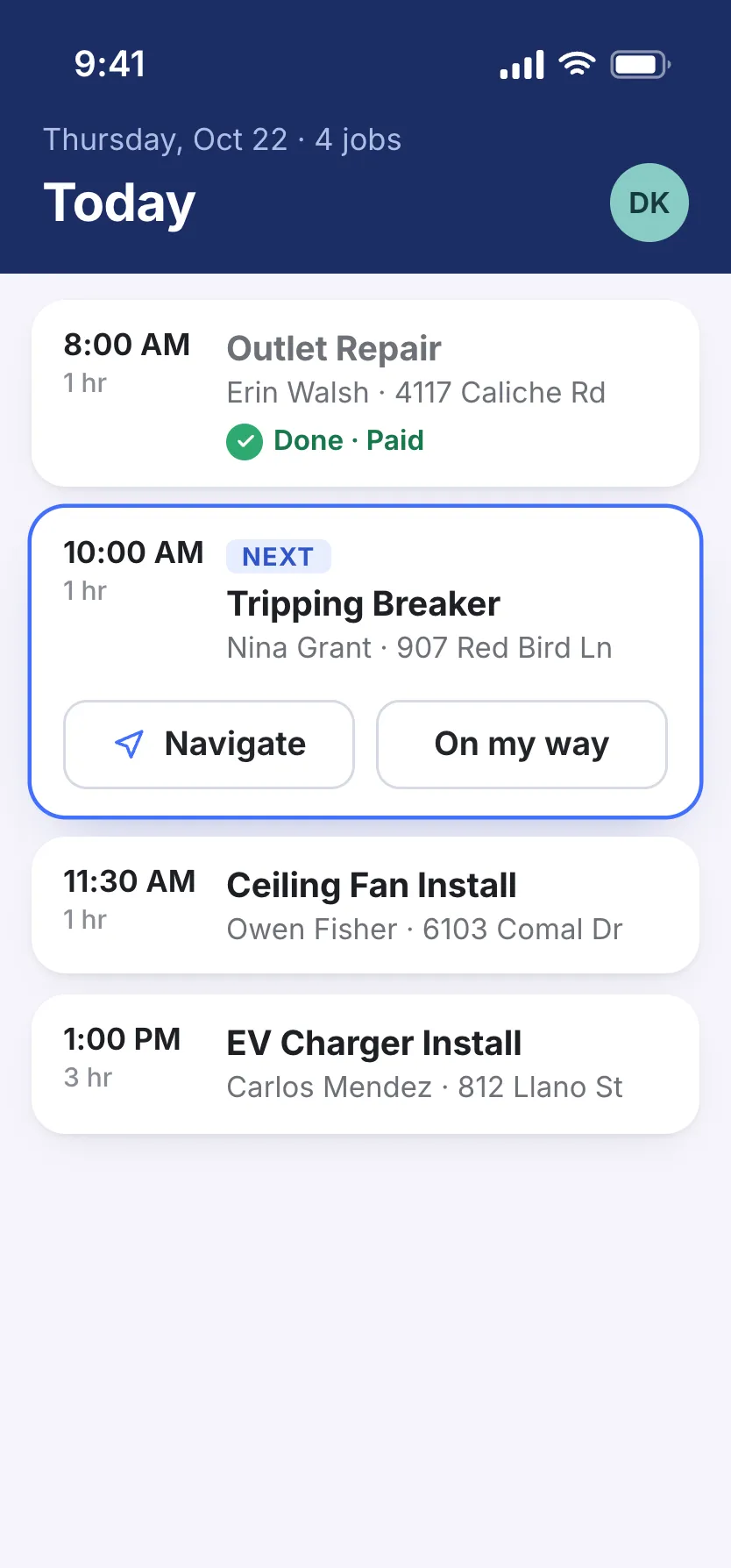 Dave, the electrician, has four jobs on his phone today. Next up is the tripping-breaker call the office just booked, with Navigate and On my way buttons.
