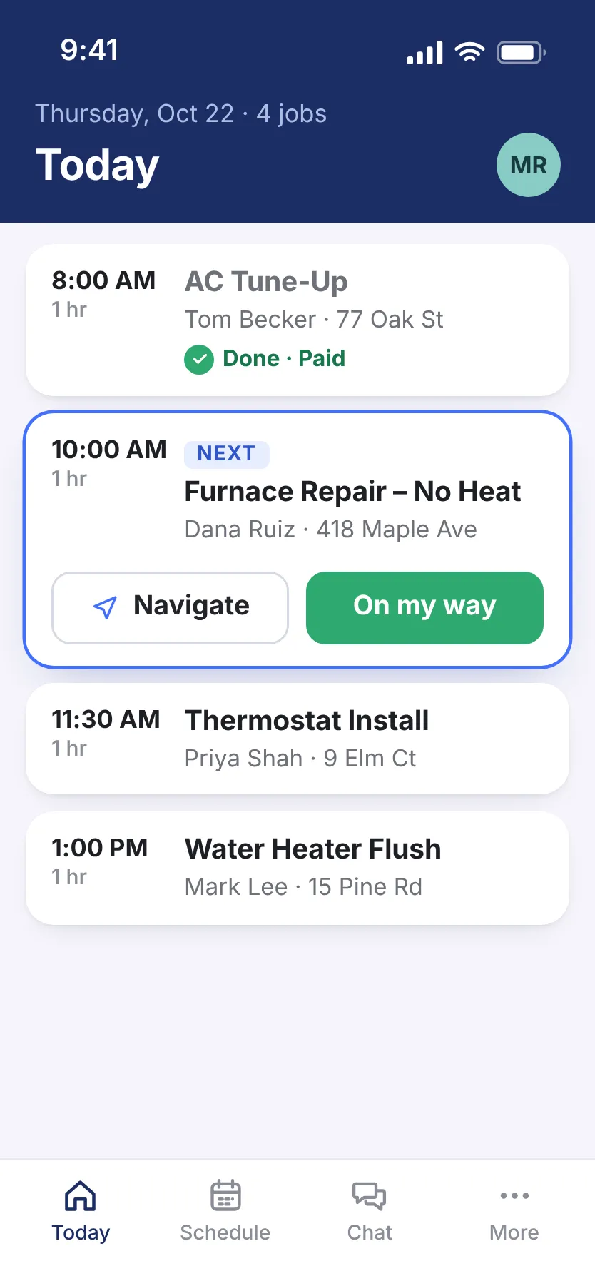 The WorkflowPros tech app on a phone: Mike’s four jobs for Thursday, the furnace repair next, with Navigate and On my way buttons.