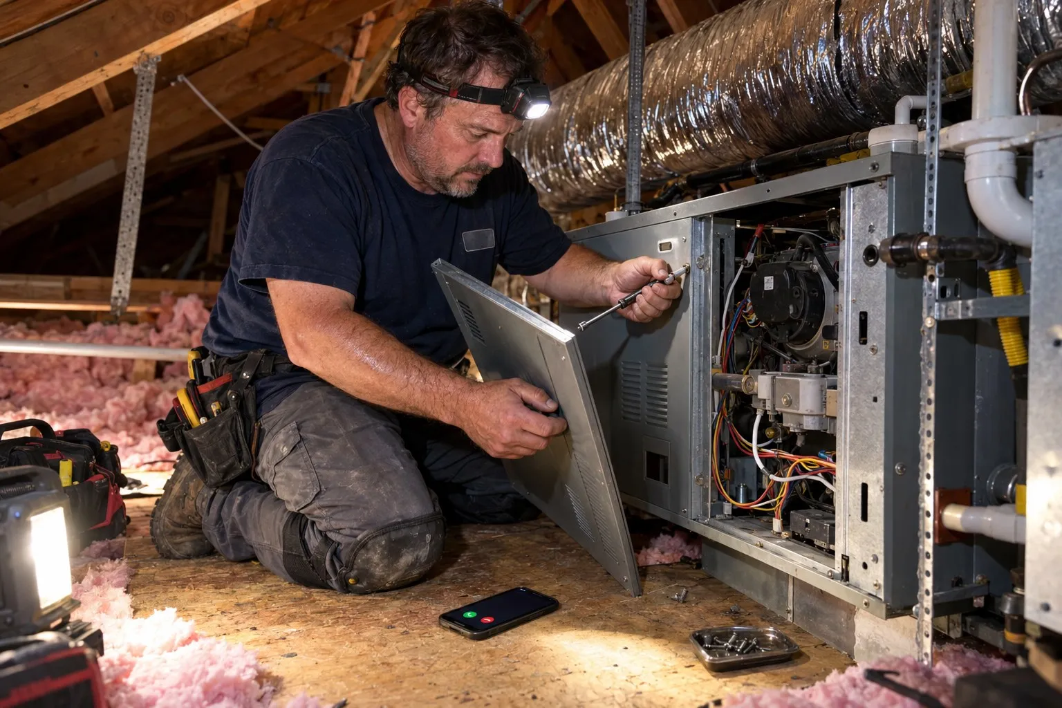 An HVAC tech holds a furnace panel in a hot attic while his phone rings on the plywood beside him