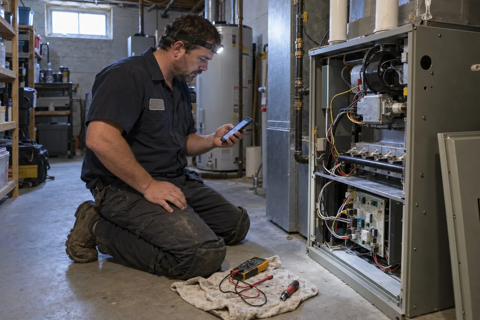An HVAC tech kneels at an open furnace in a basement and checks the job on his phone