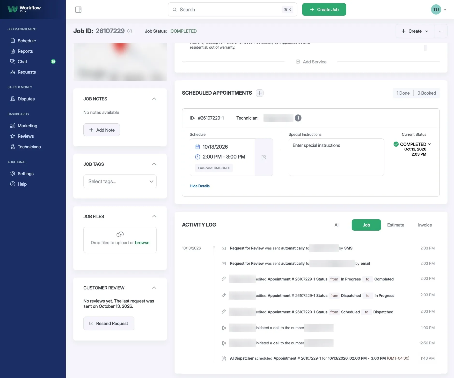 WorkflowPros job page for job #26107229: the appointment on October 13 from 2:00 to 3:00 PM, completed, and the job’s activity log