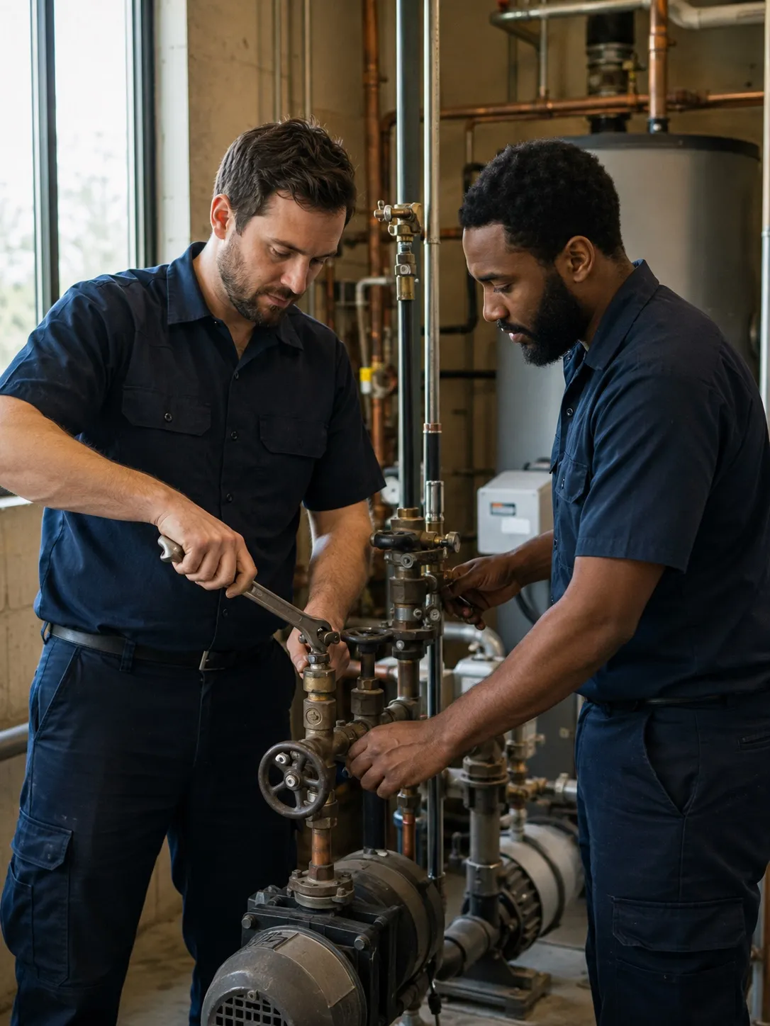 Two field service technicians working on a commercial mechanical system