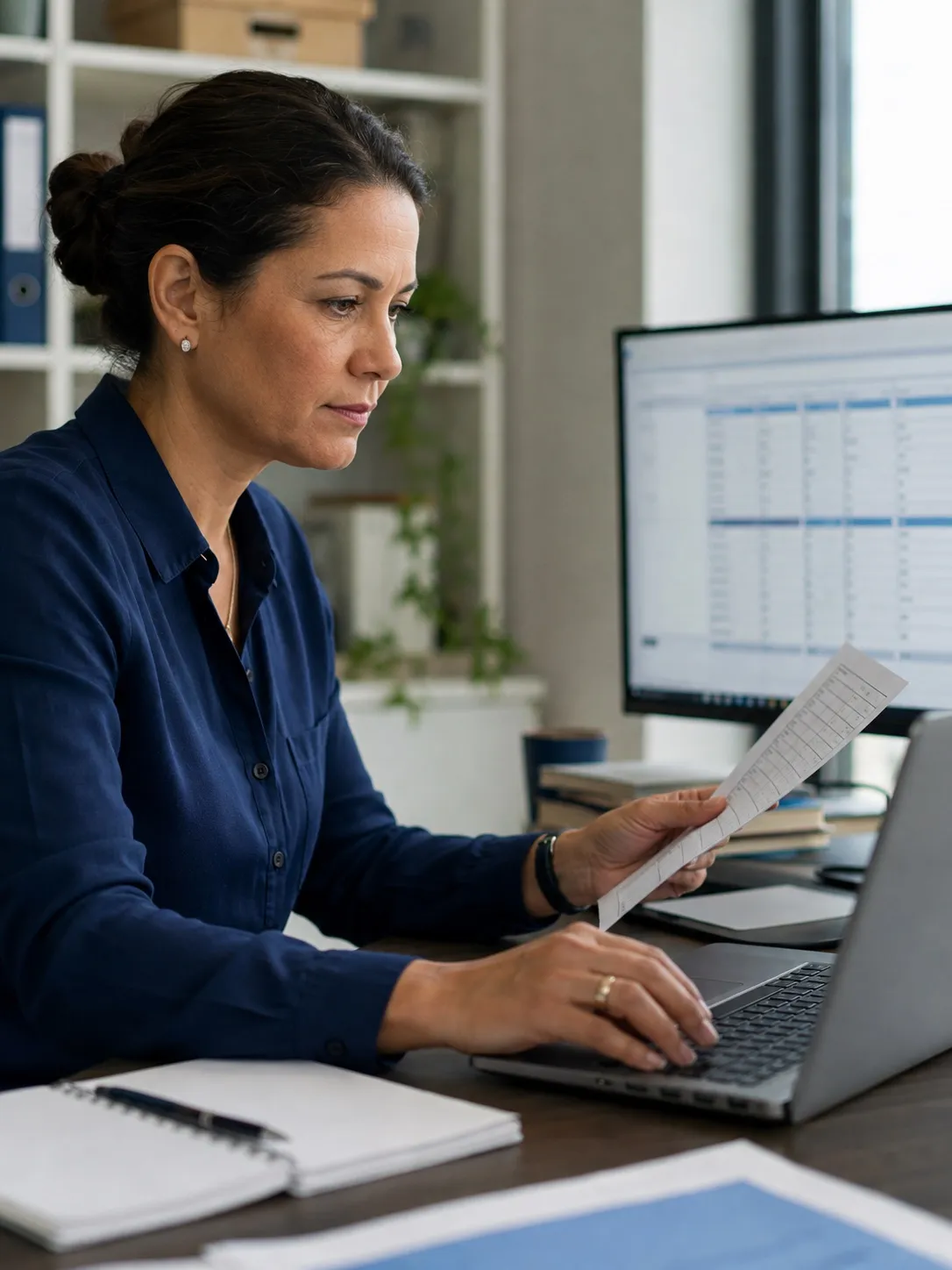 A data migration specialist reviewing service records at a workstation