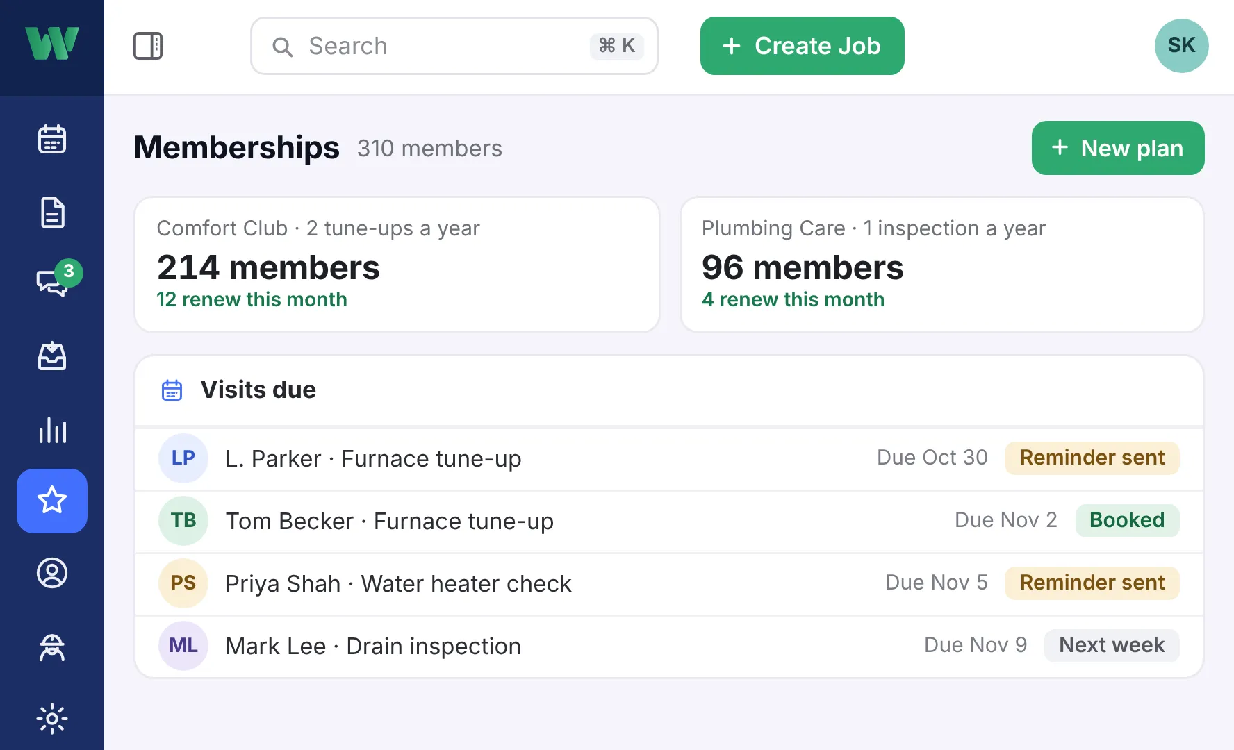 Memberships: two maintenance plans with their members and renewals, and the tune-ups coming due with their reminders.