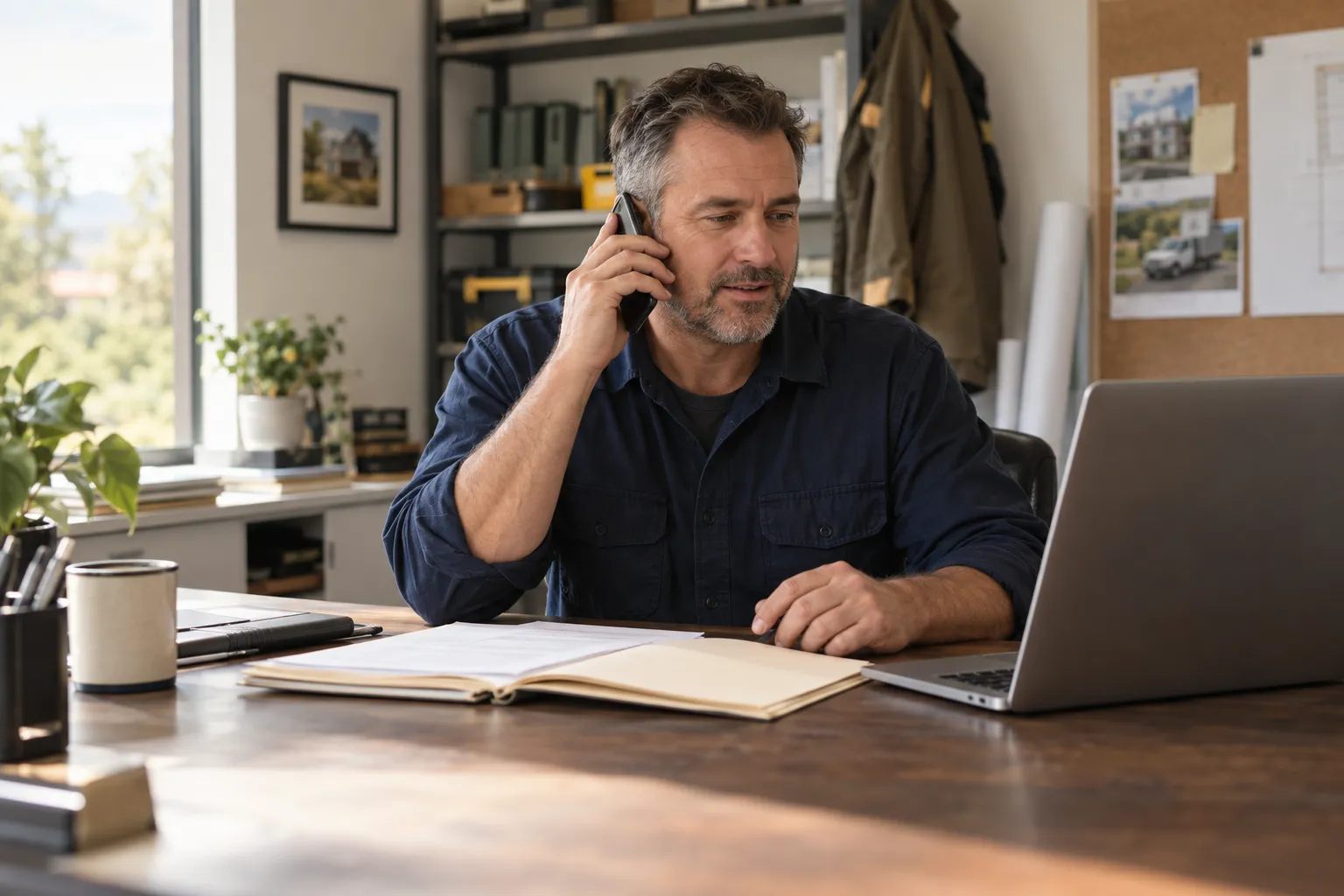 A service business owner discussing his records on the phone beside an open notebook and laptop