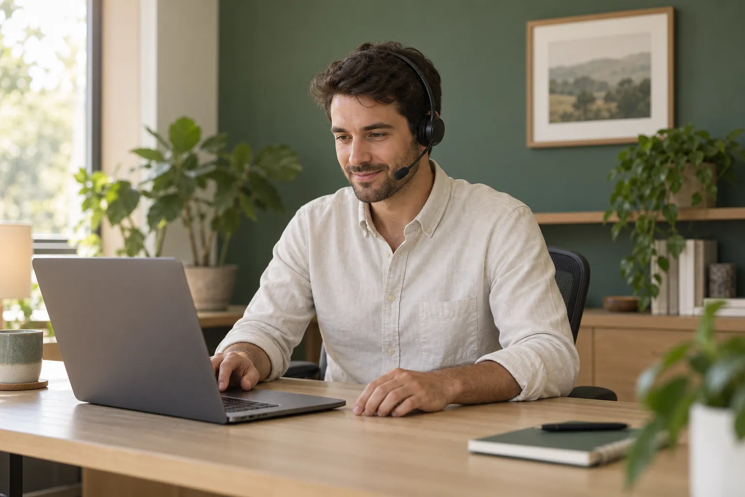 A support specialist listening through a headset while helping at a laptop