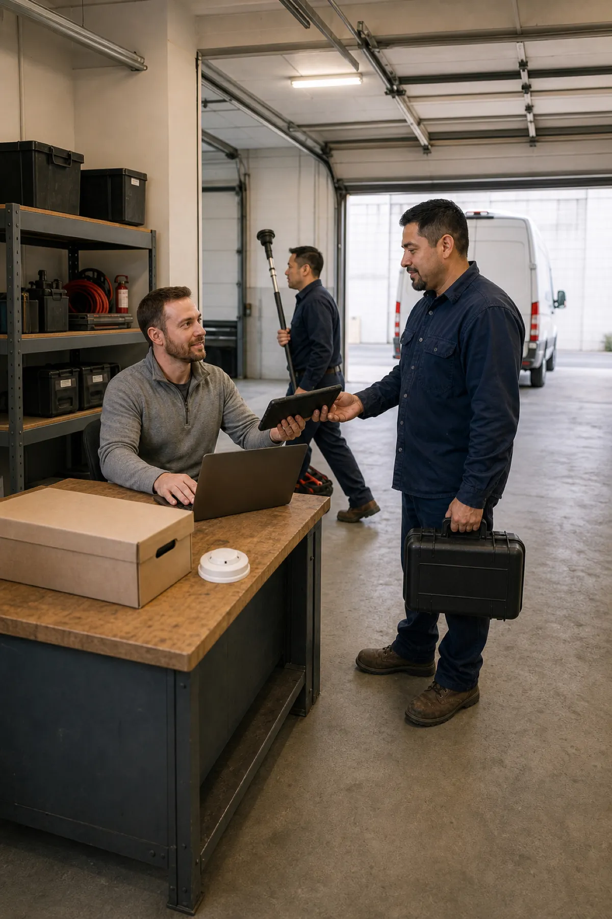 A service crew and office colleague reviewing their work together in the workshop