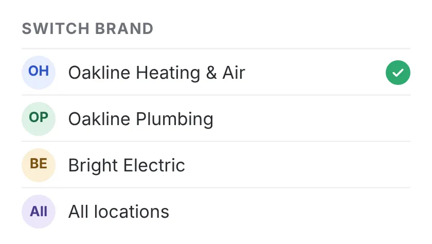 The brand switcher: Oakline Heating & Air, Oakline Plumbing, Bright Electric, and all locations.