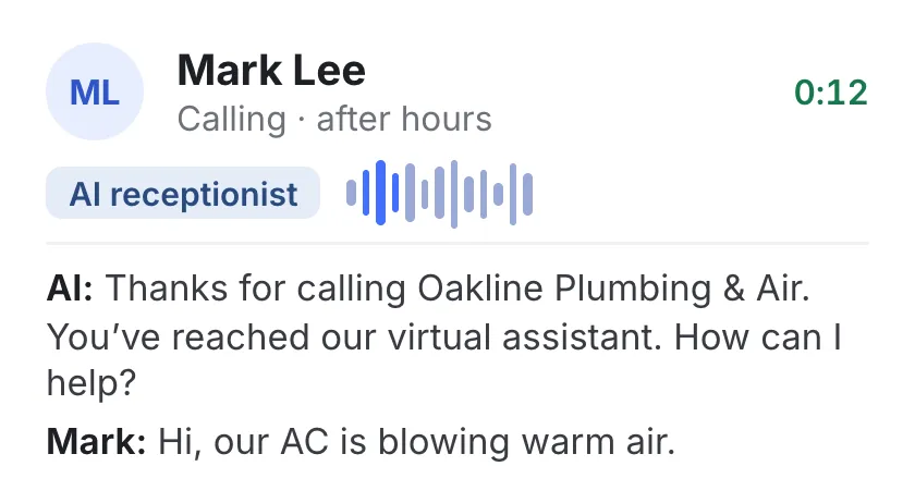 In WorkflowPros: Mark Lee calls after hours and the AI receptionist answers: “Thanks for calling Oakline Plumbing & Air. You’ve reached our virtual assistant. How can I help?” Mark: “Hi, our AC is blowing warm air.”