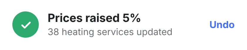 Prices raised 5%: 38 heating services updated, with an Undo button.
