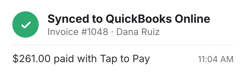 In WorkflowPros: Dana Ruiz’s invoice #1048 and her $261 payment synced to QuickBooks Online.