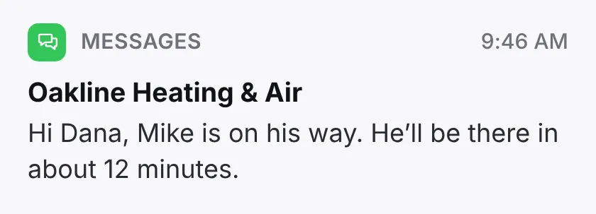 The text Dana gets when Mike taps On my way: he’ll be there in about 12 minutes.