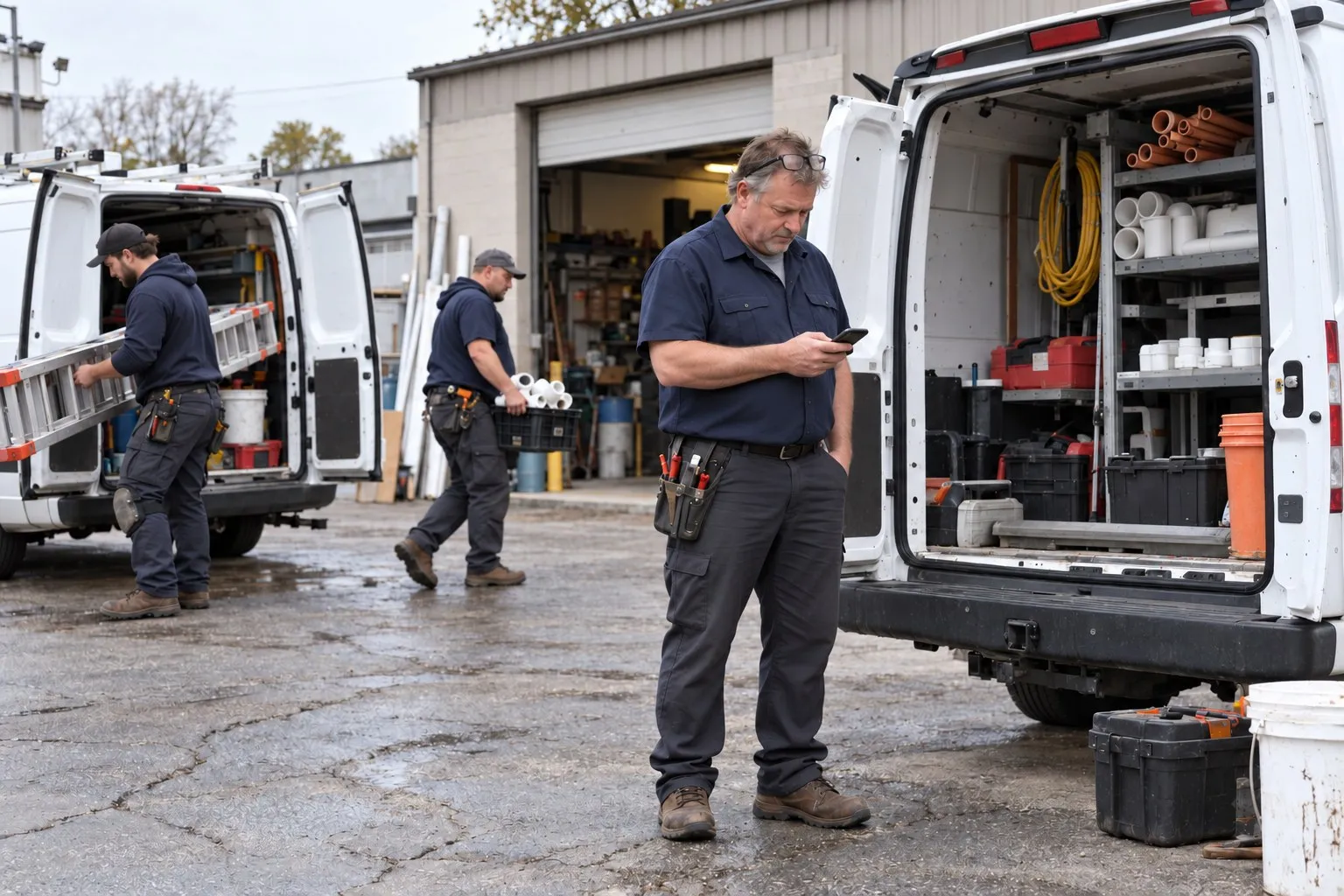 A shop owner checks the day on his phone while his techs load their vans behind him