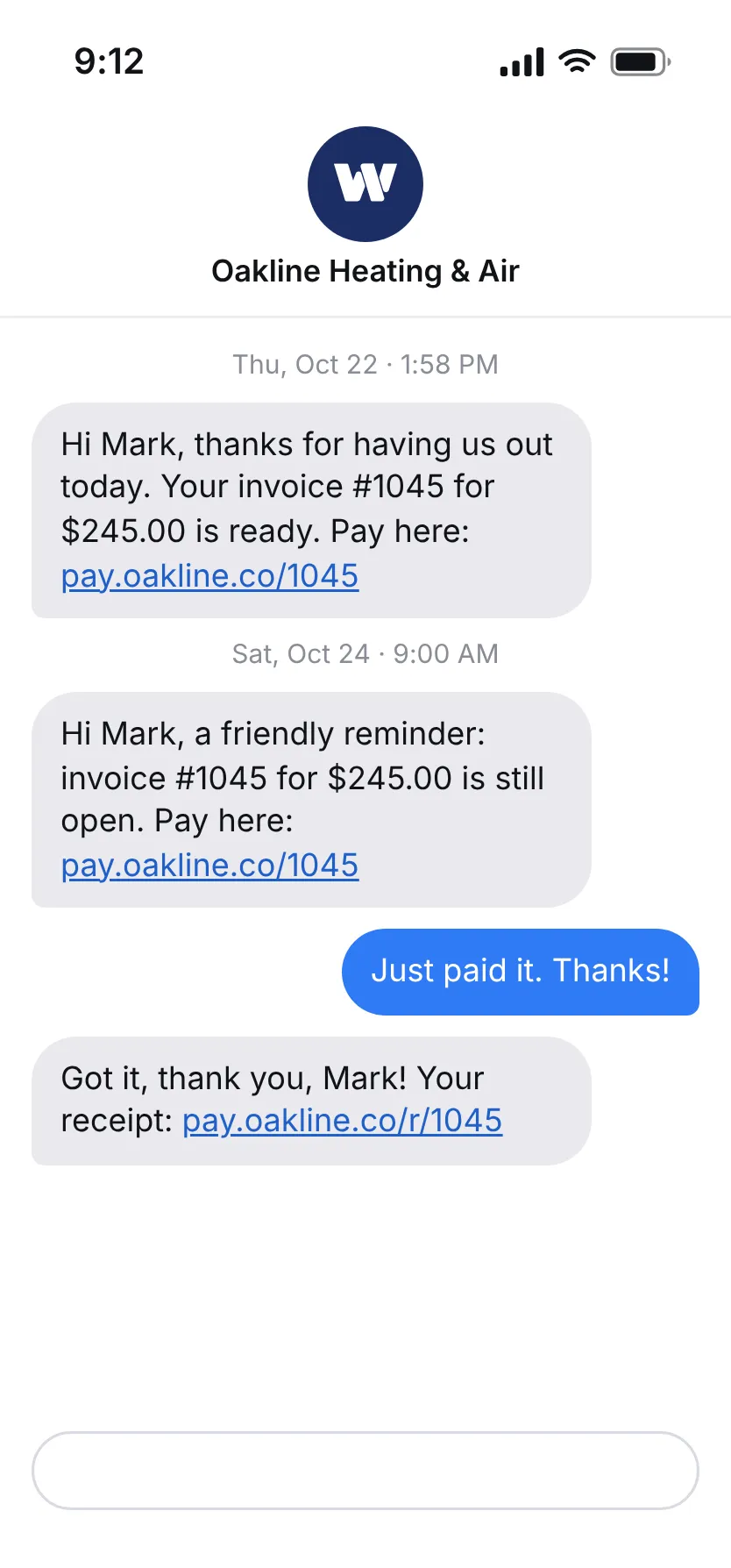 The customer’s phone: Mark Lee’s $245 invoice by text with a link to pay, a reminder two days later, his reply that he paid, and the receipt.