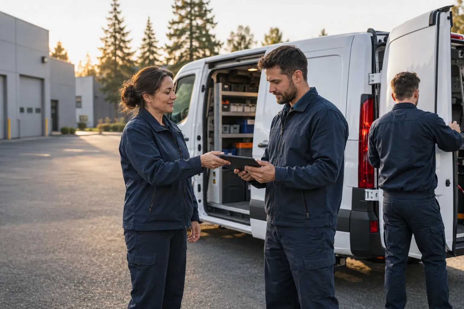 An owner hands a technician the day's jobs on a tablet beside an open work van