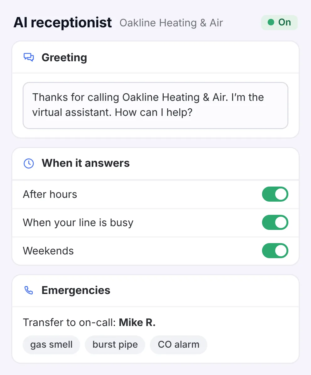 The AI receptionist’s settings: the company’s greeting, the questions it asks, when it answers, and emergency calls sent to the on-call tech.