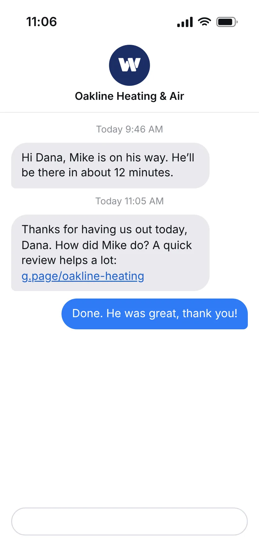The customer’s phone: an on-my-way text from the company, then a review request after the job, and her reply.
