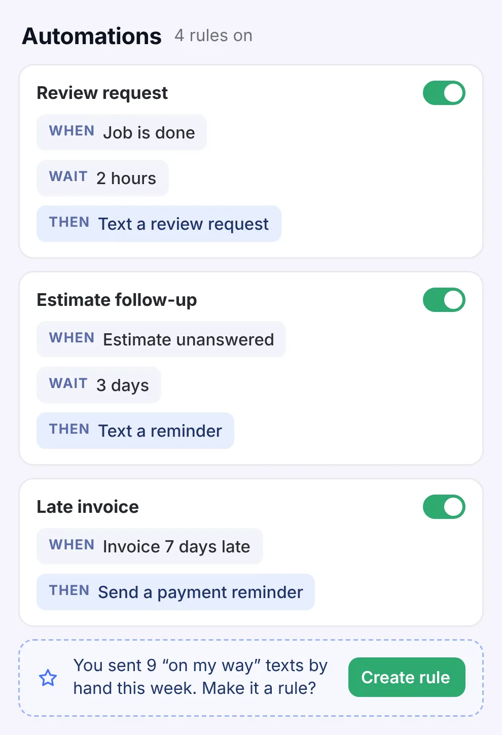 Automations: a review request two hours after a job, an alert when a call back waits, a text reminder on an estimate nobody answered in three days, a payment reminder, and a rule suggested by the app.