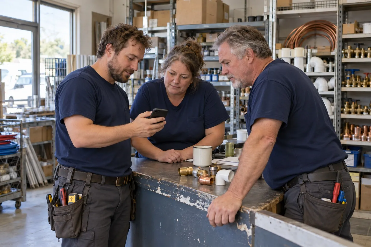 Two techs and the office manager look over a job on a phone at the shop counter