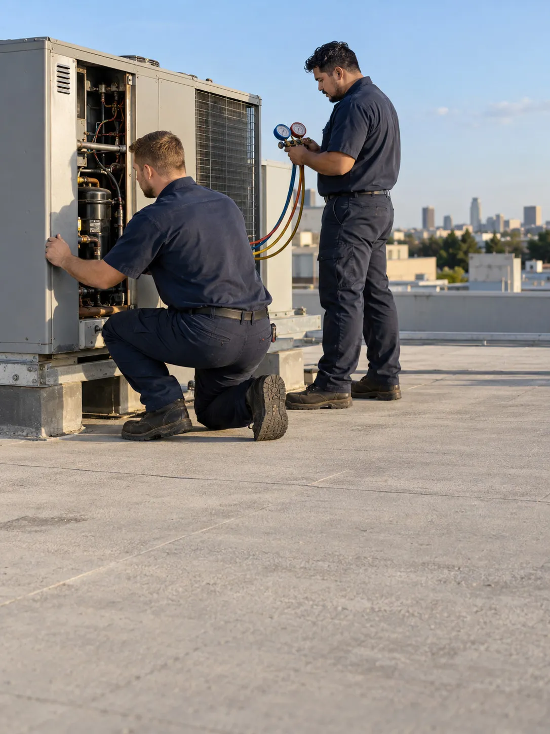 Two technicians service a rooftop air-conditioning unit