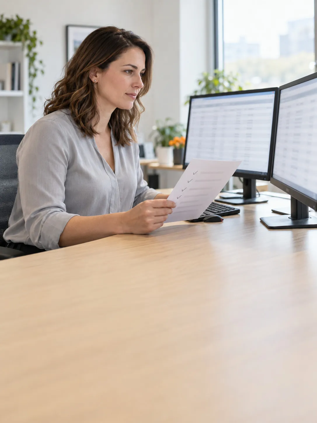 A data migration specialist checks imported records against a printed checklist