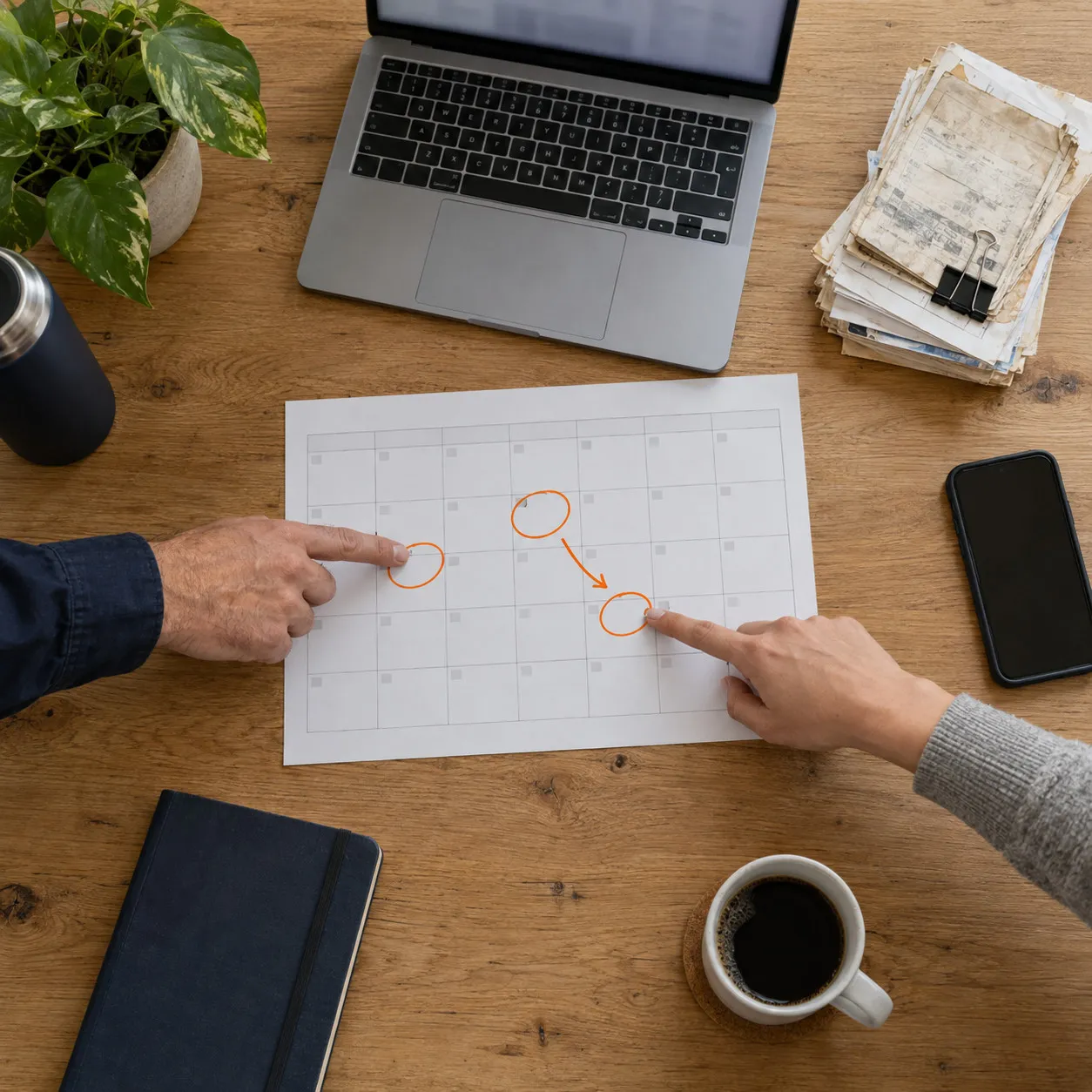 Two people point to migration dates circled on a printed calendar beside old paper job tickets