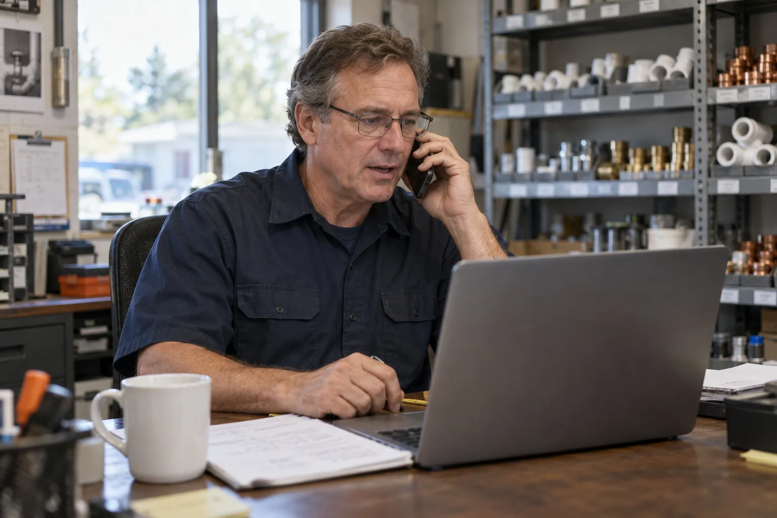 A plumbing company owner on a call about his current software at his shop desk