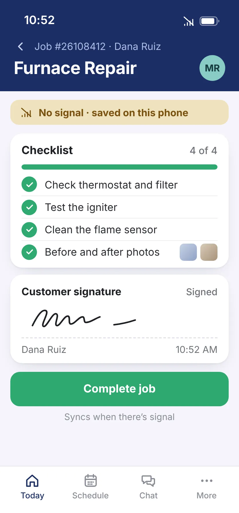 The tech app with no service: the furnace repair for Dana Ruiz open on the tech’s phone, its checklist done with before and after photos, her signature, and a line that it’s saved on the phone and syncs when there’s signal.